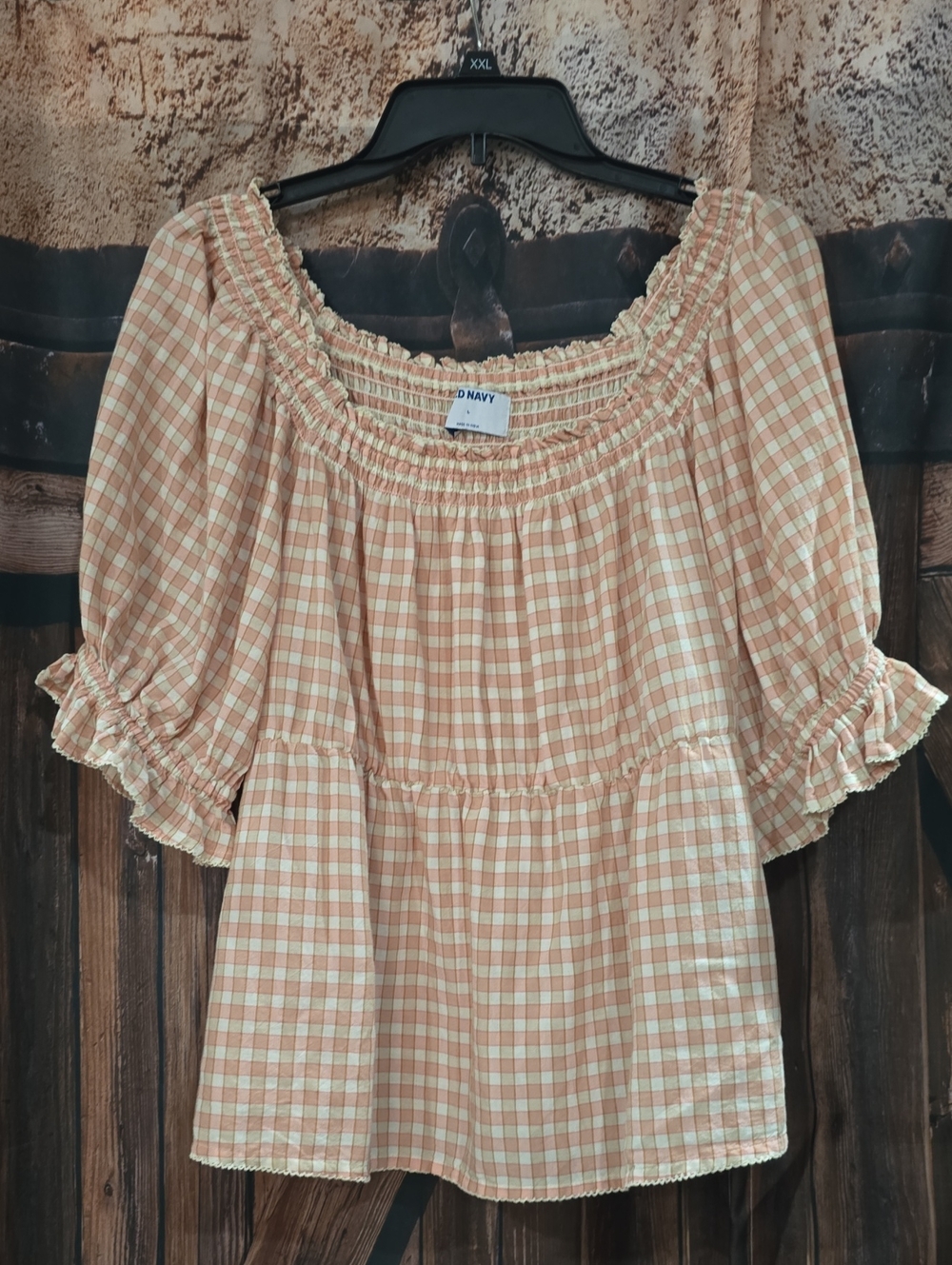 Old Navy Pink Plaid Gingham Short Sleeve Peasant Top